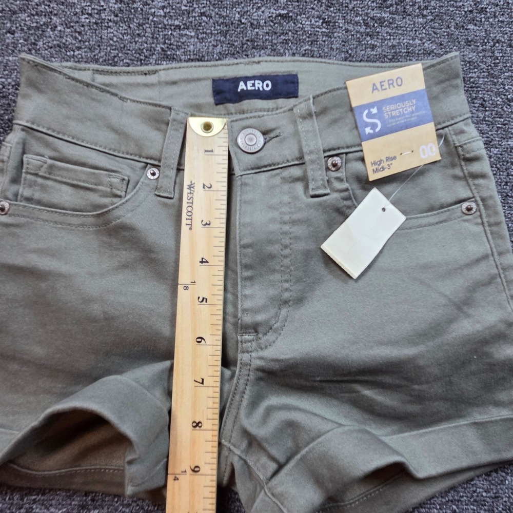 Aero High Rise Midi Shorts Womens 00 Green Seriously Stretchy Summer Cuffed - Picture 6 of 9